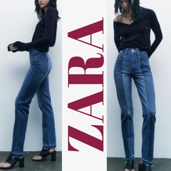 NWT ZARA CONTRAST 2-TONE CROPPED STRAIGHT LEG MID RISE, SIZE 12 - Picture 9 of 16